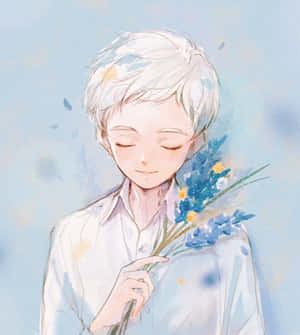 白髮動漫男孩在平靜的時刻閉著眼睛，手持藍色和黃色的花朵。 — 小米 Mix Fold 4 壁紙