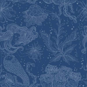 長髮飄逸的美人魚在深藍色的海洋中穿梭於珊瑚和海藻之間。 — iPad 第10代 壁紙