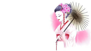 藝妓穿著白色和服，帶有粉紅色花朵，撐著黑色陽傘。 — 日式藝術 壁紙
