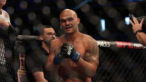 UFC拳手在八角籠內與人群和攝影機一起慶祝勝利。 — 運動 壁紙