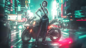 刺青女性在雨夜城市中，霓虹燈下與運動摩托車合影。 — 城市風景 壁紙
