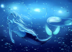 一位長髮人魚在氣泡和光束中優雅地在水下游泳。 — 美人魚 壁紙