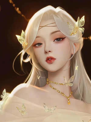 動漫女孩，金色蝴蝶飾品和發光的頭髮，在溫暖光線中。 — 可愛動漫女孩 壁紙