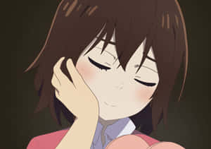 棕色頭髮的動漫女孩，觸摸臉頰，溫柔微笑。 — 消滅 壁紙