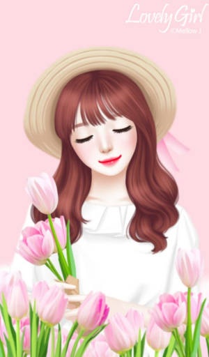 戴草帽的動漫女孩，在柔和的粉紅色背景前拿著粉紅色鬱金香。 — Tumblr 花朵 壁紙