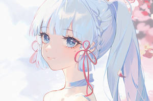 櫻花下藍色頭髮和紅色絲帶的動漫女孩。 — 電玩遊戲 GIF 壁紙