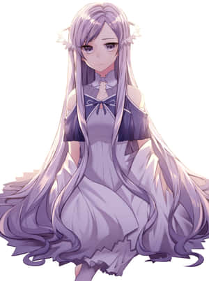 長紫色頭髮和相配裙子的動漫女孩靜靜地坐著。 — 2048x2732 壁紙