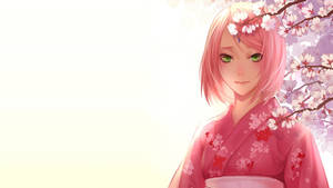 櫻花樹下穿著粉紅和服的動漫女孩 — 櫻島麻衣 壁紙