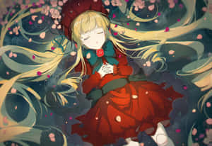 紅裙動漫女孩被漂浮的粉紅花瓣和宇宙漩渦包圍。 — 動漫風格 壁紙