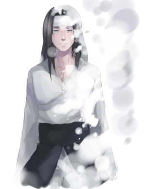 深色長髮和白色頭帶的動漫女孩被發光球體環繞。 — 寧次 壁紙
