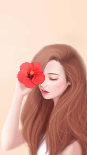 長棕色頭髮的動漫女孩，將一朵紅色芙蓉花靠近臉龐。 — 可愛美學卡通 壁紙