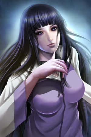 長長黑髮和紫色眼睛的動漫女孩，將一個小物體靠近胸前。 — 火影忍者 雛田 GIF 壁紙