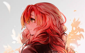 紅髮動漫女孩溫柔地看著飄落的秋葉。 — 甘露寺蜜璃 壁紙