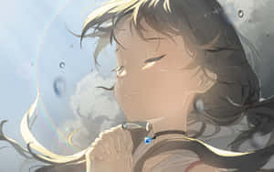 動漫女孩在水中閉著眼睛，周圍有彩虹光束。