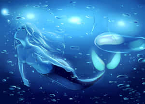 一條美人魚在藍色海水中優雅地游泳，伴隨著氣泡和光線。 — 芭比美人魚 壁紙