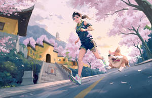 女子和柯基犬在櫻花下奔跑，靠近寺廟 — 可愛狗狗 GIF 壁紙