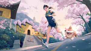 一名女子和她的柯基犬在寺廟附近的櫻花下奔跑。 — 狗狗藝術 壁紙