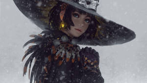 雪中的年輕女巫，穿著羽毛斗篷和寬邊帽 — 可愛動漫女孩 壁紙