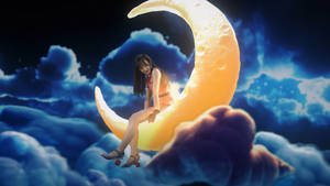 夜晚，女性坐在發光的彎月上，周圍是藍色雲朵。 — 蘿拉兔 壁紙