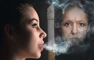 年輕女性呼出煙霧形成年長女性幽靈面孔 — 抽菸 壁紙