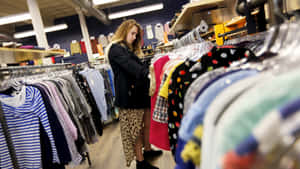 女性在色彩繽紛的二手店通道購物衣服。 — 購物 壁紙