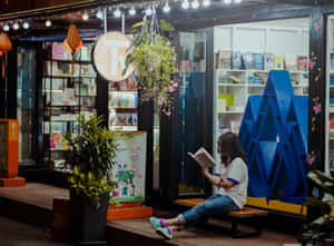 年輕女性晚上在書店外的長椅上閱讀 — 購物 壁紙