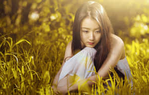 年輕女性坐在高高的金色草叢中，若有所思地低頭看著。 — 草地 壁紙