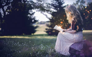 女孩在日落時分的草地上閱讀魔法書。 — 看書 GIF 壁紙