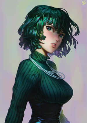 動漫風格女性，綠色頭髮和羅紋上衣，粉彩背景。 — iPad (A16) 壁紙