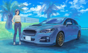 動漫女孩在陽光明媚的熱帶環境中，在一輛藍色改裝的Subaru汽車旁擺姿勢。 — 動漫汽車 壁紙