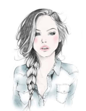 長辮子年輕女性穿著牛仔襯衫的鉛筆素描風格 — 黑板 壁紙