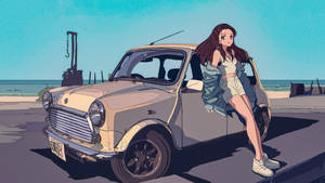 動漫女孩靠在海邊的復古迷你庫柏上 — 動漫汽車 壁紙