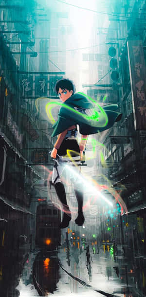 動漫戰士跳過霓虹燈閃爍的雨巷，手持發光劍和能量軌跡。 — 進擊的巨人 角色 壁紙
