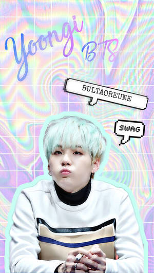 K-pop偶像Yoongi BTS，薄荷色頭髮，在故障背景上有對話氣泡。 — 可愛的防彈少年團 壁紙