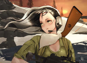 動漫女兵穿著冬季裝備，在夕陽下的雪山中手持步槍。 — 可愛動漫女孩 壁紙
