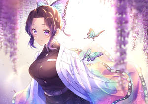 紫藤花下擁有蝴蝶翅膀的動漫女孩。