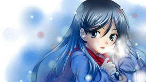 藍髮紅圍巾的動漫女孩，雪景 — 可愛動漫女孩 壁紙