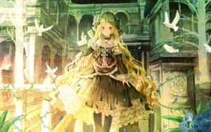 哥德式花園中的動漫女孩，有飛翔的白鴿和藍色花朵 — 哥德式動圖 壁紙
