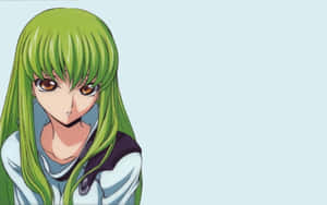 動漫女孩，綠色頭髮，琥珀色眼睛，穿著校服，背景為淺藍色。 — 女巫 壁紙