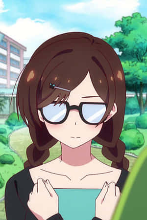 戴眼鏡和辮子頭髮的動漫女孩站在陽光明媚的公園裡。 — 千鳥 壁紙
