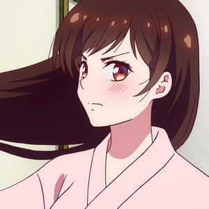 穿著粉紅色和服的動漫女孩，棕色頭髮，臉頰泛紅，側視著。 — Q版動漫 壁紙