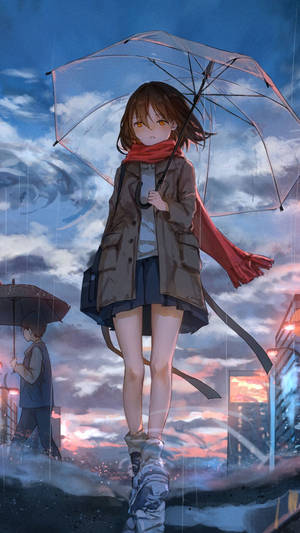 動漫女孩戴紅色圍巾，在雨中的城市暮色中手持透明雨傘。 — 獨自一人 壁紙