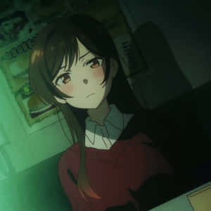 棕色頭髮、臉頰泛紅的動漫女孩在黑暗的房間裡害羞地抬頭看。 — Q版動漫 壁紙