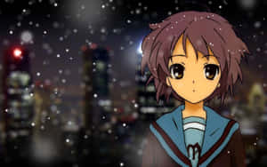 雪中的動漫女孩，身後有城市燈光在夜晚 — 春野櫻 壁紙