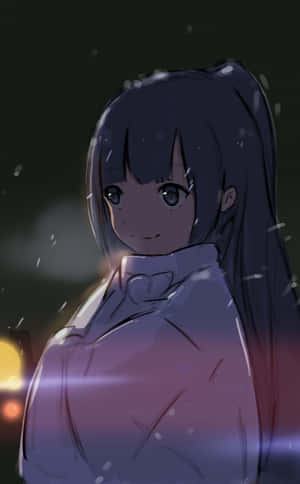 夜晚雪中的動漫女孩，溫暖的路燈光 — 暗黑少女風 壁紙