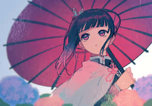 動漫女孩在雨中拿著紅傘，身後是模糊的彩色花朵。 — 鬼滅之刃 壁紙
