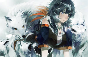 深色頭髮和藍色眼睛的動漫女孩在雪景中被白狼包圍。 — 狼少女 壁紙