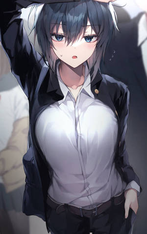 穿著校服的動漫女孩伸展身體，表情豐富。 — Galaxy Tab 壁紙