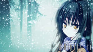 深色頭髮和金色眼睛的動漫女孩，在雪白的森林中。 — 憂鬱 GIF 壁紙