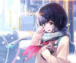 穿著冬季外套和圍巾的動漫女孩看著雪景城市的窗戶。 — 心碎 壁紙